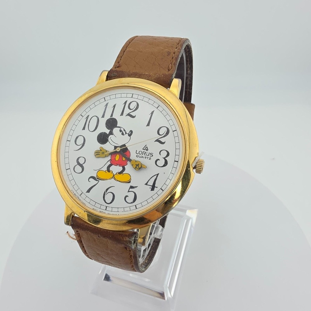 Vtg LORUS SEIKO Watch Mickey Mouse Arms Rotate Brown Croc Band Gold Tone 8.25"